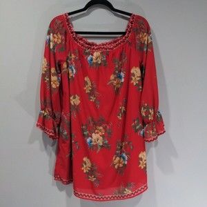 NWT Flying Tomato Women's Long Sleeve Off Shoulder Blouse Size Medium Red Floral